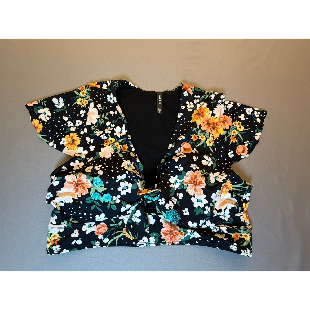 Torrid Floral Flutter Sleeve Tie Front Bikini Top Black Plus Size 2 2X Swimwear
